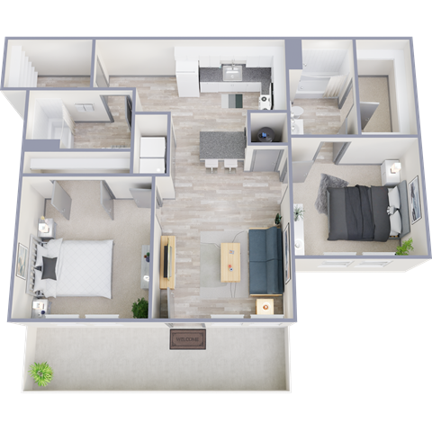 Floor plan for 2 beds, 2 baths, 992 sqft